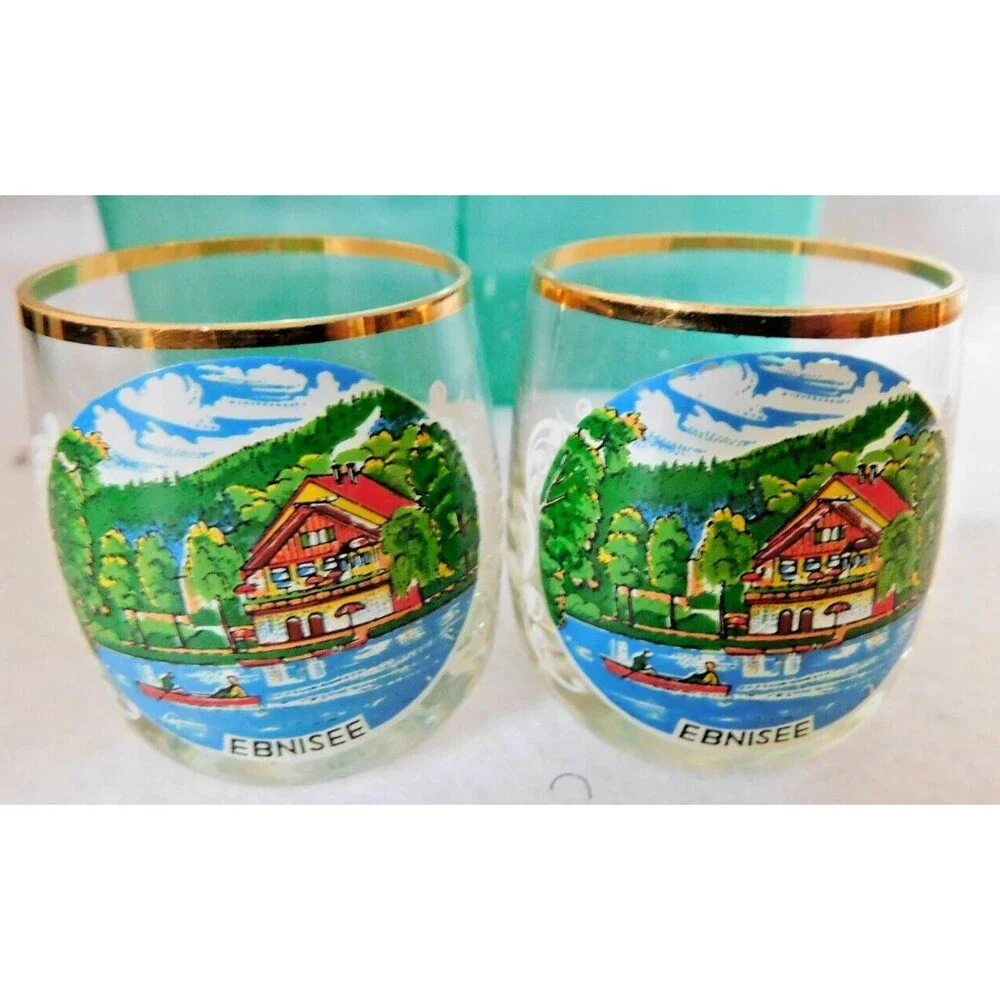 Vintage Ebnisee Germany Souvenir Shot Cordial Glasses Gold Rim Set of 9
